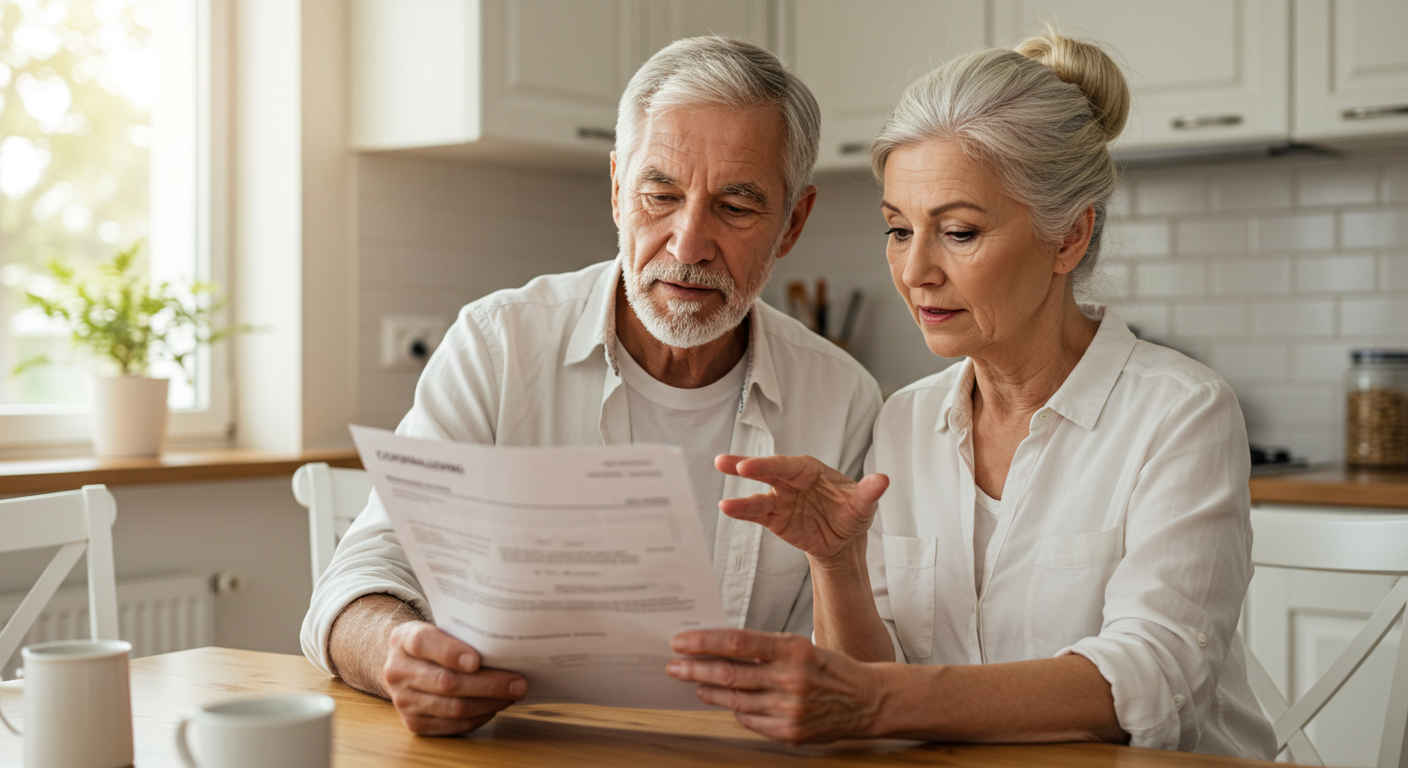 A middle-aged couple studying information about Medicare along with the pros and cons of enrolling in a Medicare Supplement Plan.