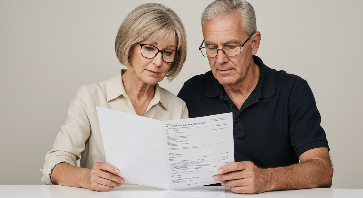 A middle-aged couple studying information about Medicare along with the pros and cons of enrolling in a Medicare Supplement Plan.