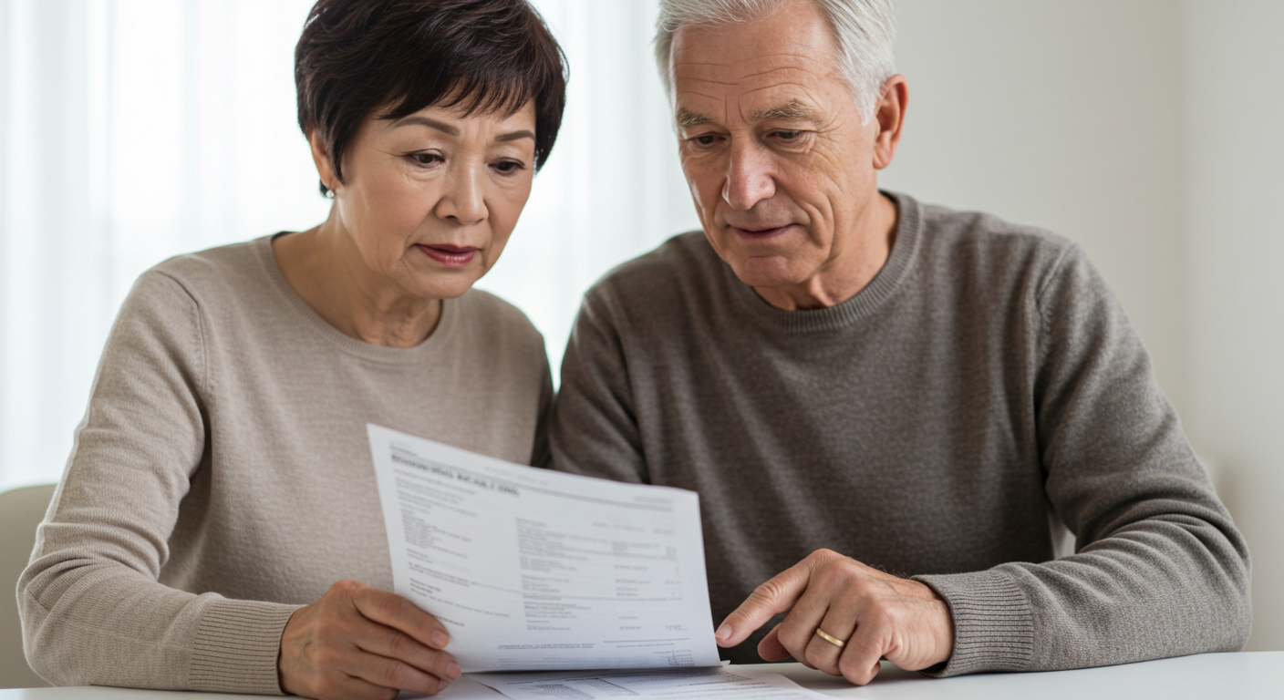 A middle-aged couple studying information about Medicare along with the pros and cons of enrolling in a Medicare Supplement Plan.