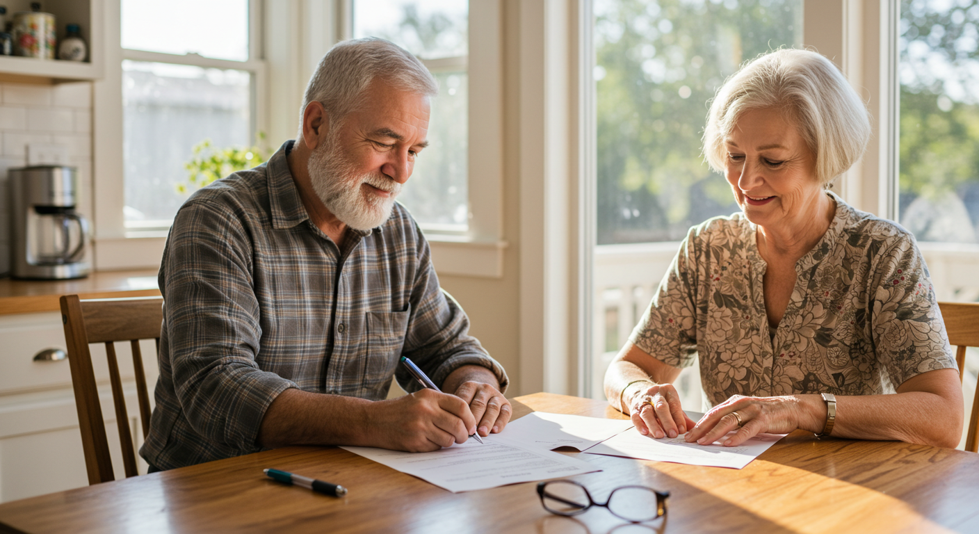A middle-aged couple studying information about Medicare along with the pros and cons of enrolling in a Medicare Supplement Plan.