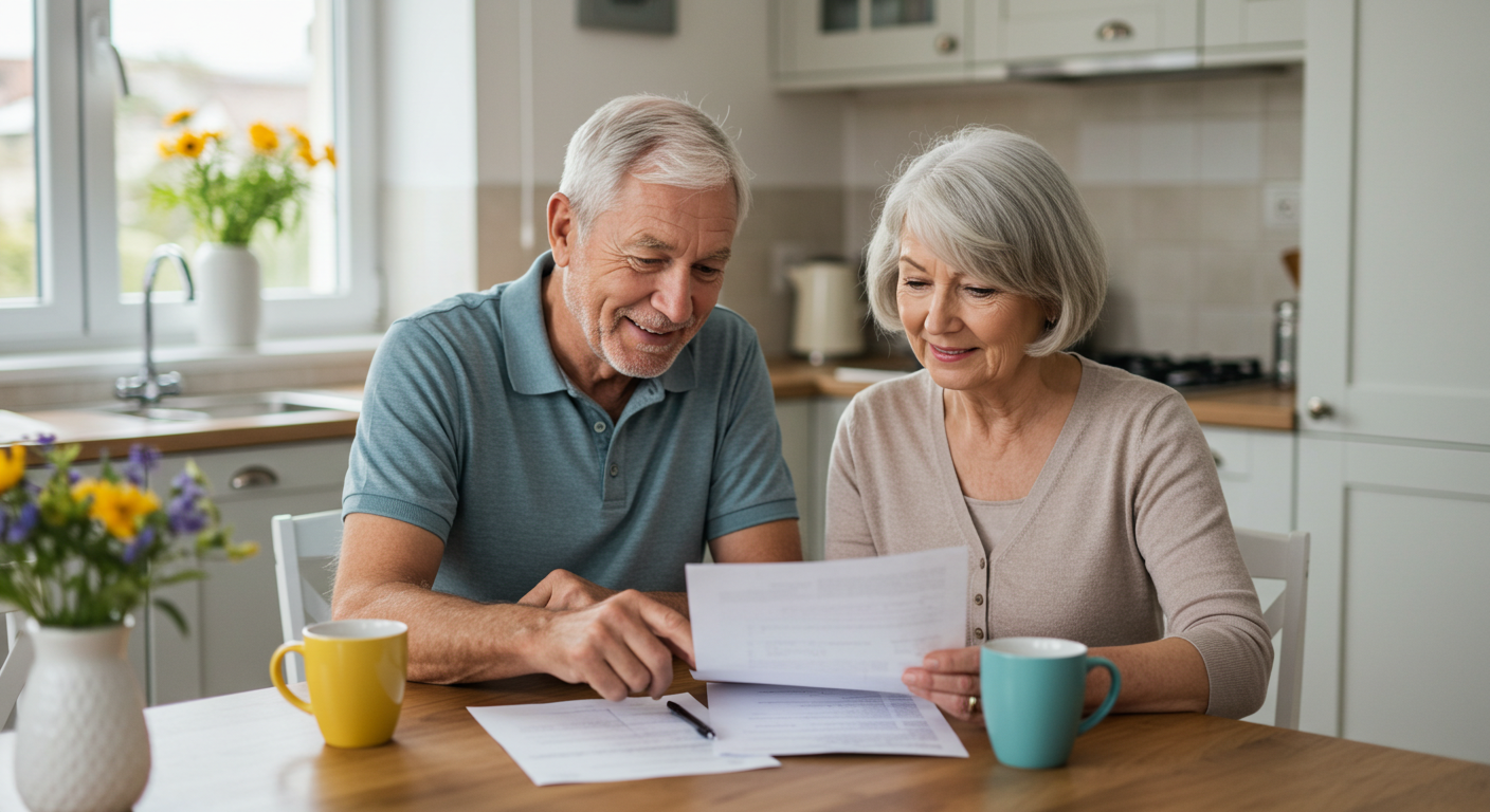 A middle-aged couple studying information about Medicare along with the pros and cons of enrolling in a Medicare Supplement Plan.