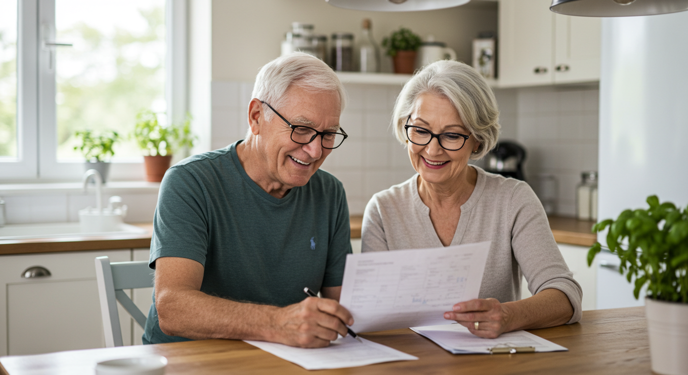 A middle-aged couple studying information about Medicare along with the pros and cons of enrolling in a Medicare Supplement Plan.