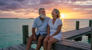 This is a heartwarming, picturesque photo of a senior couple sharing a joyful moment at sunset in Islamorada, Florida.