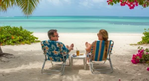 This is a picturesque and serene Key Largo beach scene, featuring a man and a woman relaxing by the Gulf of Mexico.