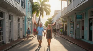 This is a lovely, sun-drenched photograph of a couple strolling down a picturesque Key West street.