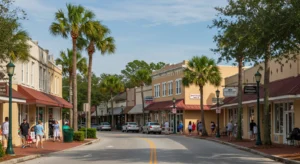 This is a charming and picturesque photograph of Lake Placid, Florida showing a sun-drenched downtown street.