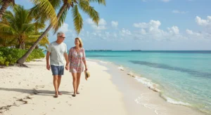 This is a photo of a happy, mature couple enjoying a walk on a beautiful tropical beach on Marathon Key.