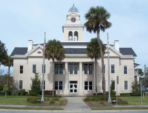 Street view of the historic Lafayette County Courthouse in Mayo, Florida