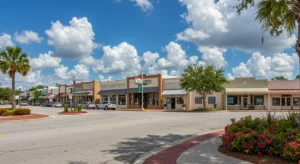This is a bright and cheerful photograph of a picturesque downtown Sebring, Florida on a sunny day.